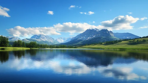Mountain lake panorama under bright summer sky.
