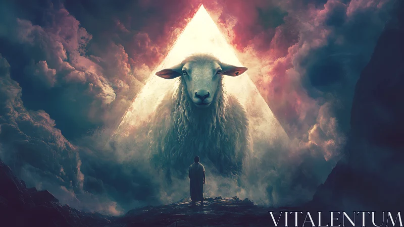 Colossal glowing sheep confronts lone figure before triangle