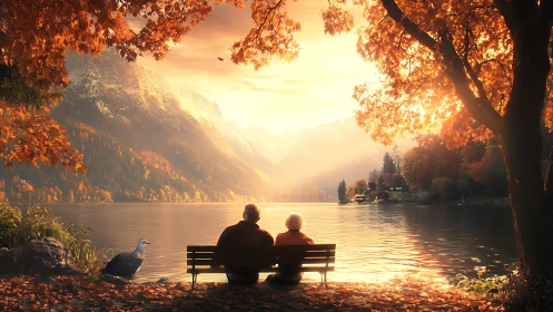 Golden hour landscape with two figures seated on bench overlooking reflective alpine lake surrounded