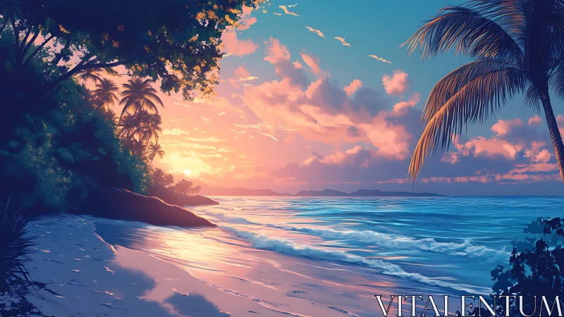 Sunset colors warmly embrace a quiet tropical beach shoreline