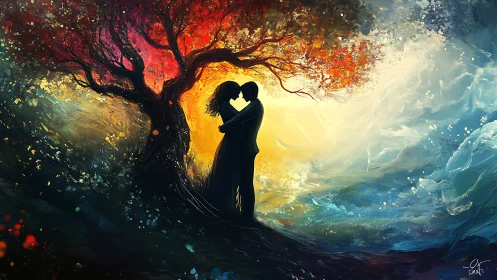 Silhouetted Embrace Under Chromatic Tree: Romantic Digital Composition.
