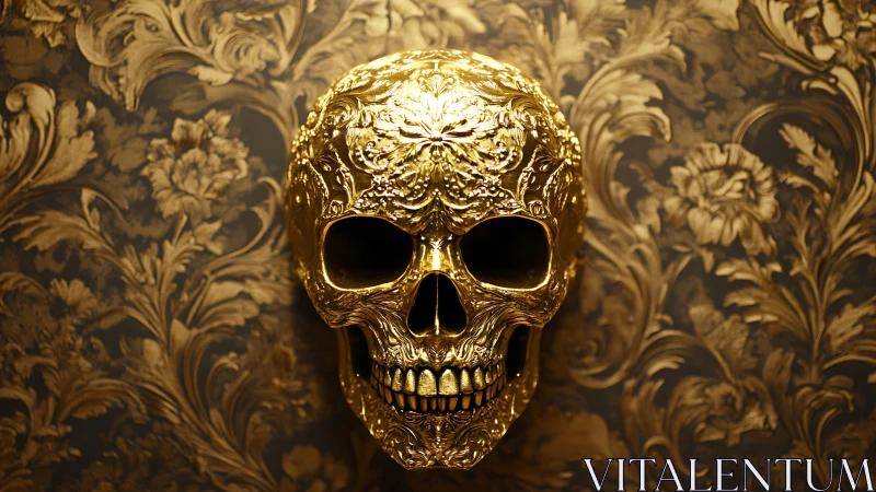 Gilded skull grinning against baroque floral shadowscape.