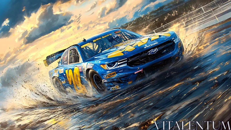 Blue stock car slices through wet track in dynamic drift