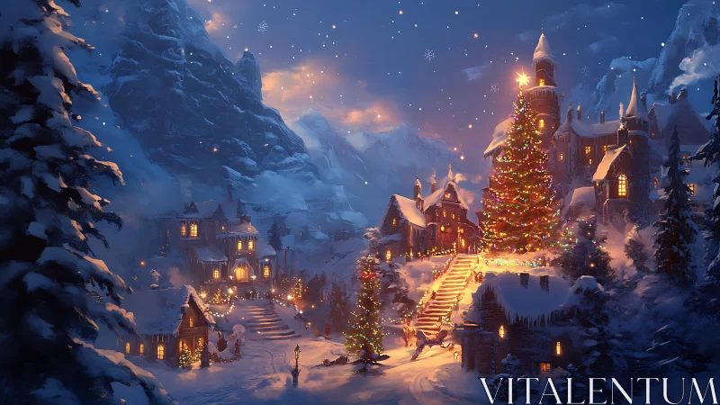 Snow-covered mountain village with illuminated Christmas tree.