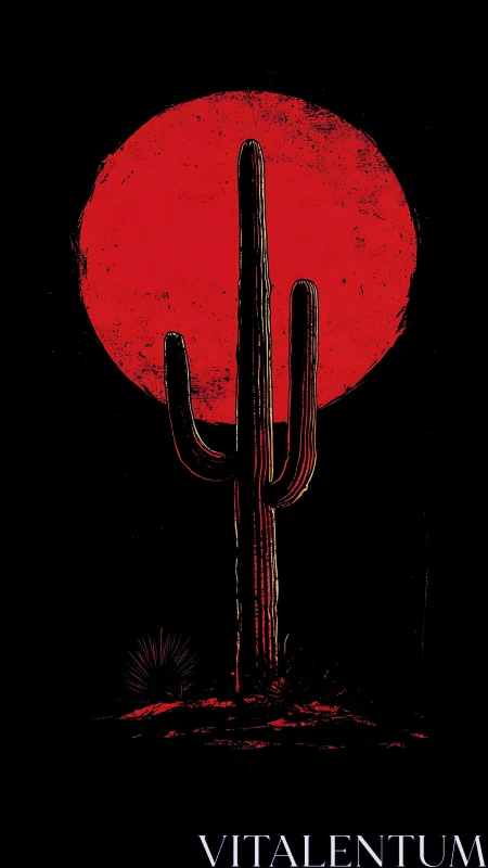 Minimalist saguaro silhouette against distressed red sun graphic.