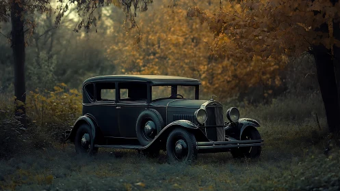 Vintage black sedan parked in forest clearing at dusk.