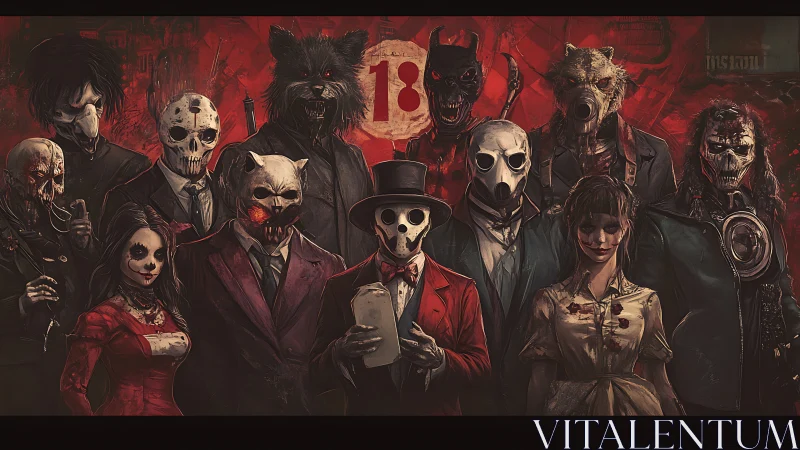 Masked humanoid figures in formal attire against red backdrop.