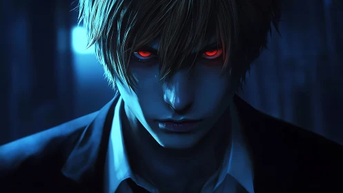 Intense blue-lit antihero with burning crimson eyes.