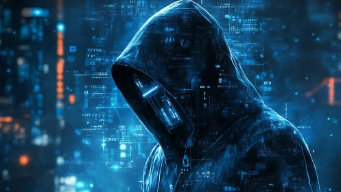 Cyberpunk hooded hacker silhouette with luminous data grid.