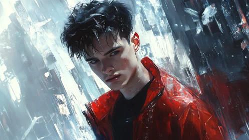 Brooding youth in red jacket amid fractured neon strokes.