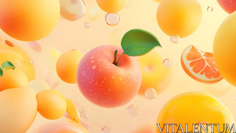 Juicy floating citrus fruits glow in a soft pastel haze