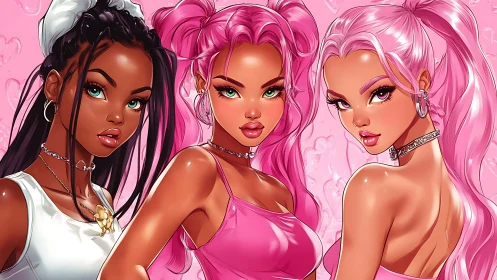 Confident pink squad of stylish friends glowing with attitude.