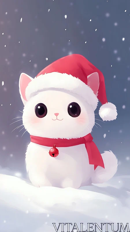 Snowy holiday kitten with bright eyes and jingle bell charm.
