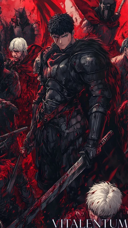 Armored swordsman stands defiant amid a crimson battlefield.