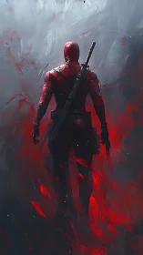 Red armored figure stands amid abstract gray and red field