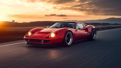 Crimson classic supercar chases molten sunset horizons.