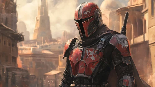Armored bounty hunter in weathered red armor patrols desert city.