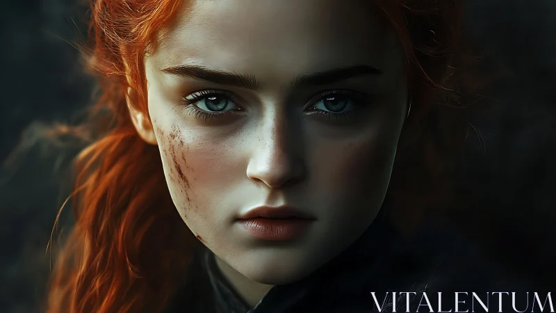 Red haired young woman with intense gaze in shadowed view.