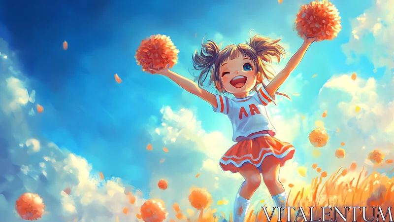 Animated child cheerleader raises pom-poms under blue sky