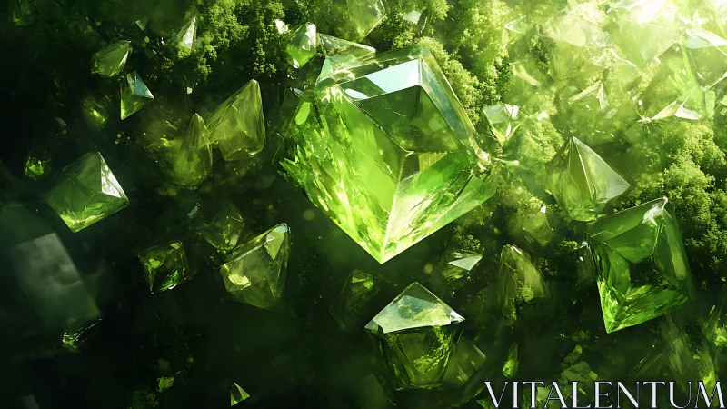 Emerald crystal shards drift through glowing mossy void.