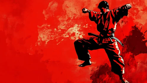 Martial artist silhouette on abstract red expressionist field.