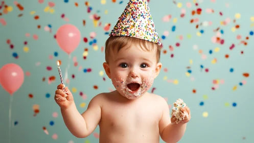 Toddler exhibiting celebratory behavior with confetti dispersal and chromatic party apparatus arrang