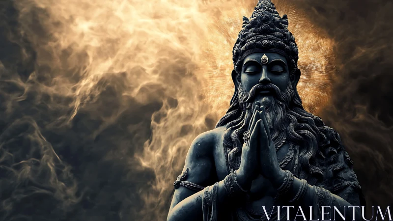 Golden light crowns a serene meditative stone deity