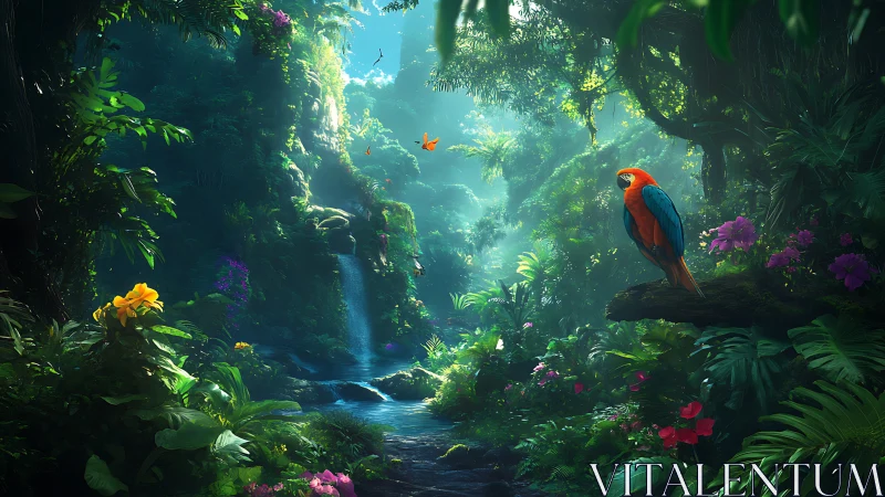 Scarlet macaw in luminous jungle ravine with waterfall vista.