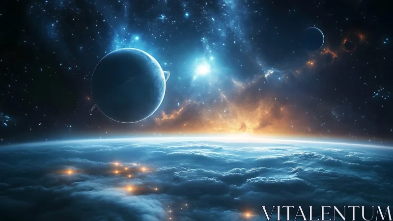 Planetary limb with volumetric clouds under luminous nebular sky