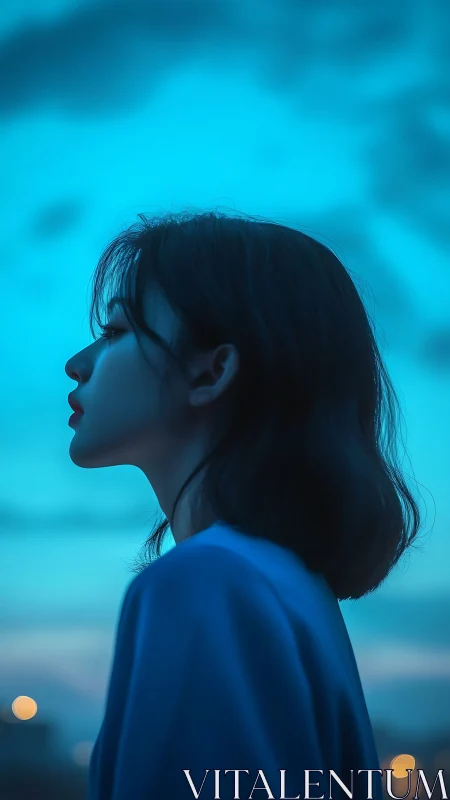 Side profile portrait of woman against blue twilight sky