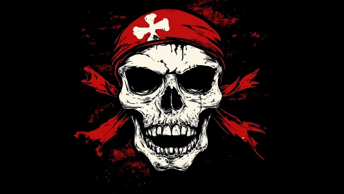 Grim pirate skull with red bandana on black background.