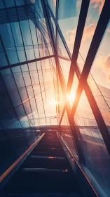 Escalator ascent toward glowing sunset in glass atrium.