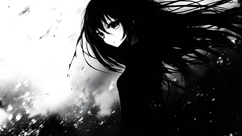 Quiet anime girl in drifting shadows and soft white light.