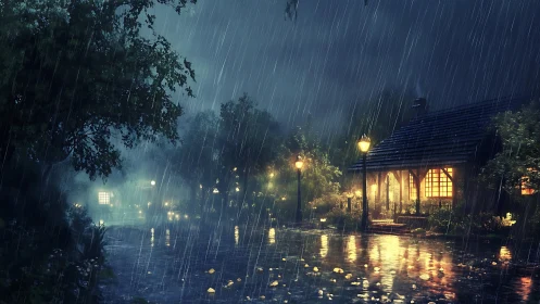 Rainfall over rural lane with illuminated house and trees.