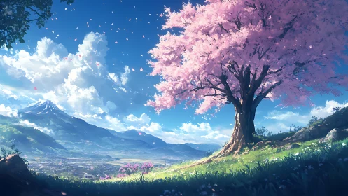 Large pink-blossomed tree overlooks distant mountain valley