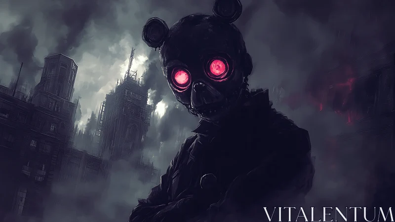 Gas-masked bear figure haunts a smog-soaked dystopian city.