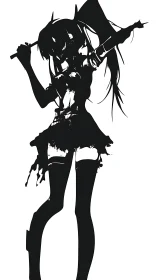 Silhouetted anime warrior in splattered ink outline pose.