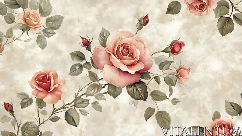 Vintage blush rose bouquet pattern on textured cream background.