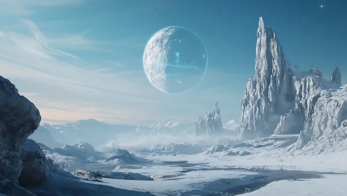 Frozen alien landscape with looming holographic planet.
