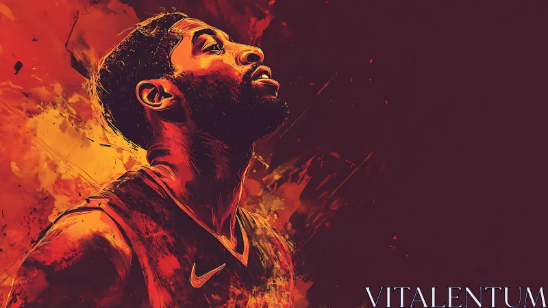 Basketball player rendered in fiery digital portrait art.