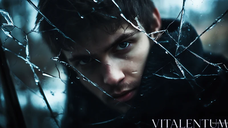 Shattered glass stitches together his storm-lit, piercing gaze