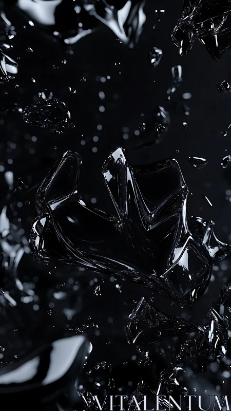 Shattered black glass shards in abstract floating motion