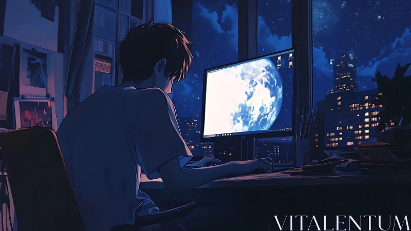 Night coder works beneath a glowing moonlit city sky