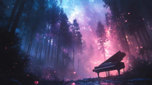 Grand piano in illuminated forest with diffuse cosmic light.