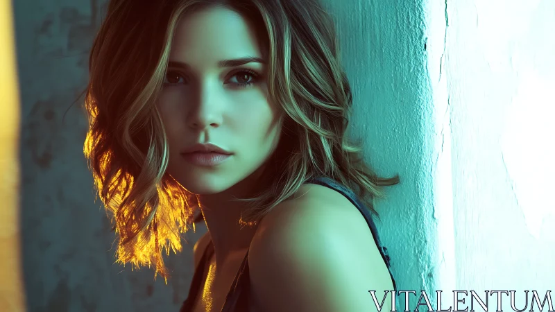 Softly lit portrait of a young woman in glowing teal light.