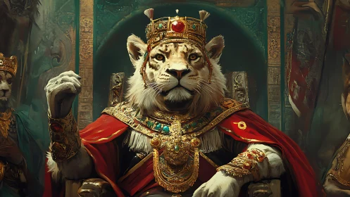 Royal Lion Monarch in Golden Crown and Crimson Regalia.