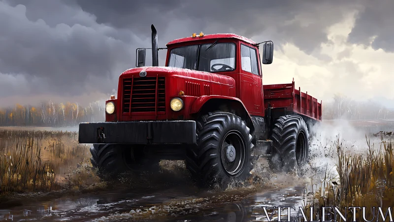 Red off-road truck powers through wet autumn marshland.