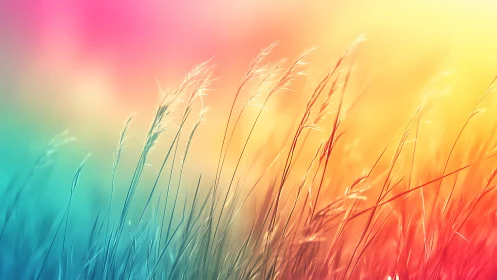 Colorful tall grass against soft rainbow sky gradient.