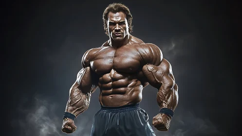 Hyperreal bodybuilder portrait with dramatic rim lighting.