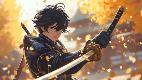 Samurai swordsman guards temple under swirling autumn leaves.